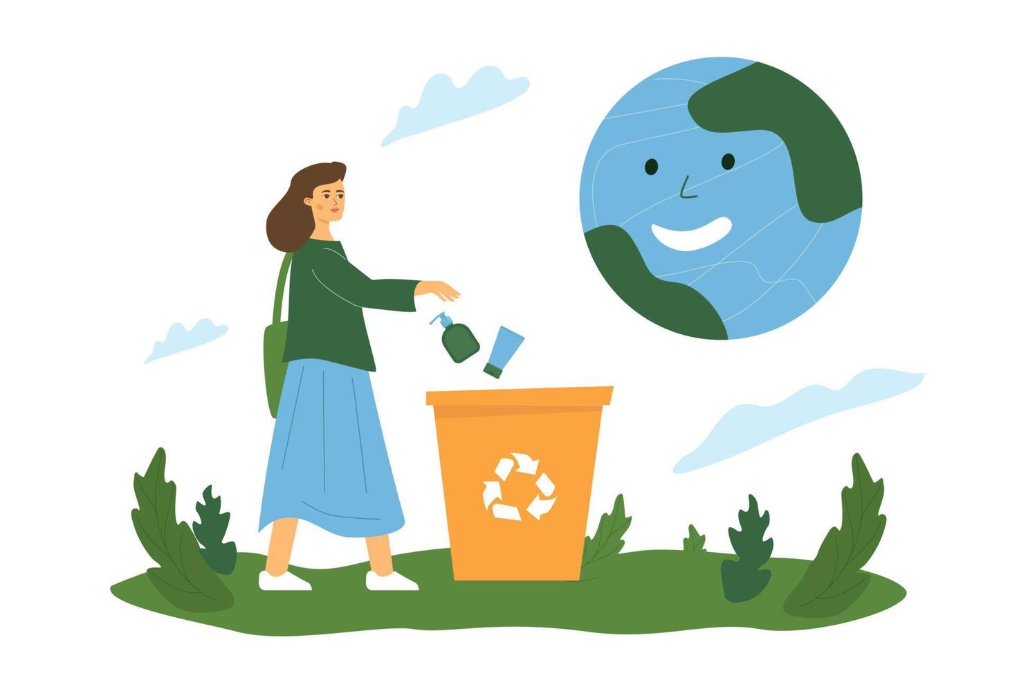 Ein Mädchen wirft Plastikflaschen in einen Müllcontainer, ein lächelnder Planet über ihr, eine Metapher für die Nützlichkeit des Recyclings von Plastik. vektor