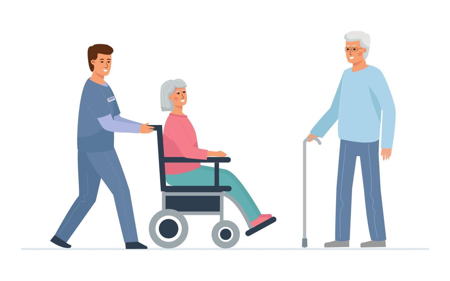 Eine Pflegekraft schiebt mit einer älteren Frau einen Rollstuhl, neben ihr steht ein Mann mit Gehstock. Pflegeheimpatienten. vektor