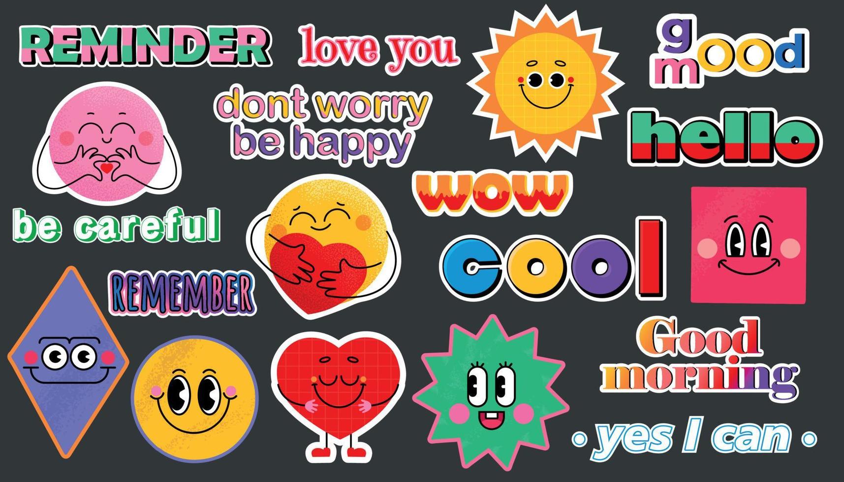 satz verschiedener emoji, pins, briefmarken, aufkleber. verschiedene Sätze und Wörter. trendige lustige vektorisolierte illustrationen vektor