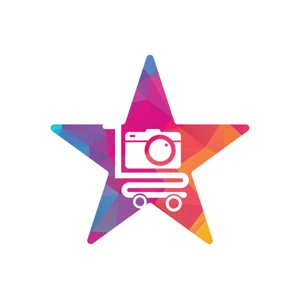 Kamera-Shop-Sternform-Konzept-Logo-Vektor-Symbol. Einkaufswagen mit Designvorlage für das Logo des Kameraobjektivs. vektor
