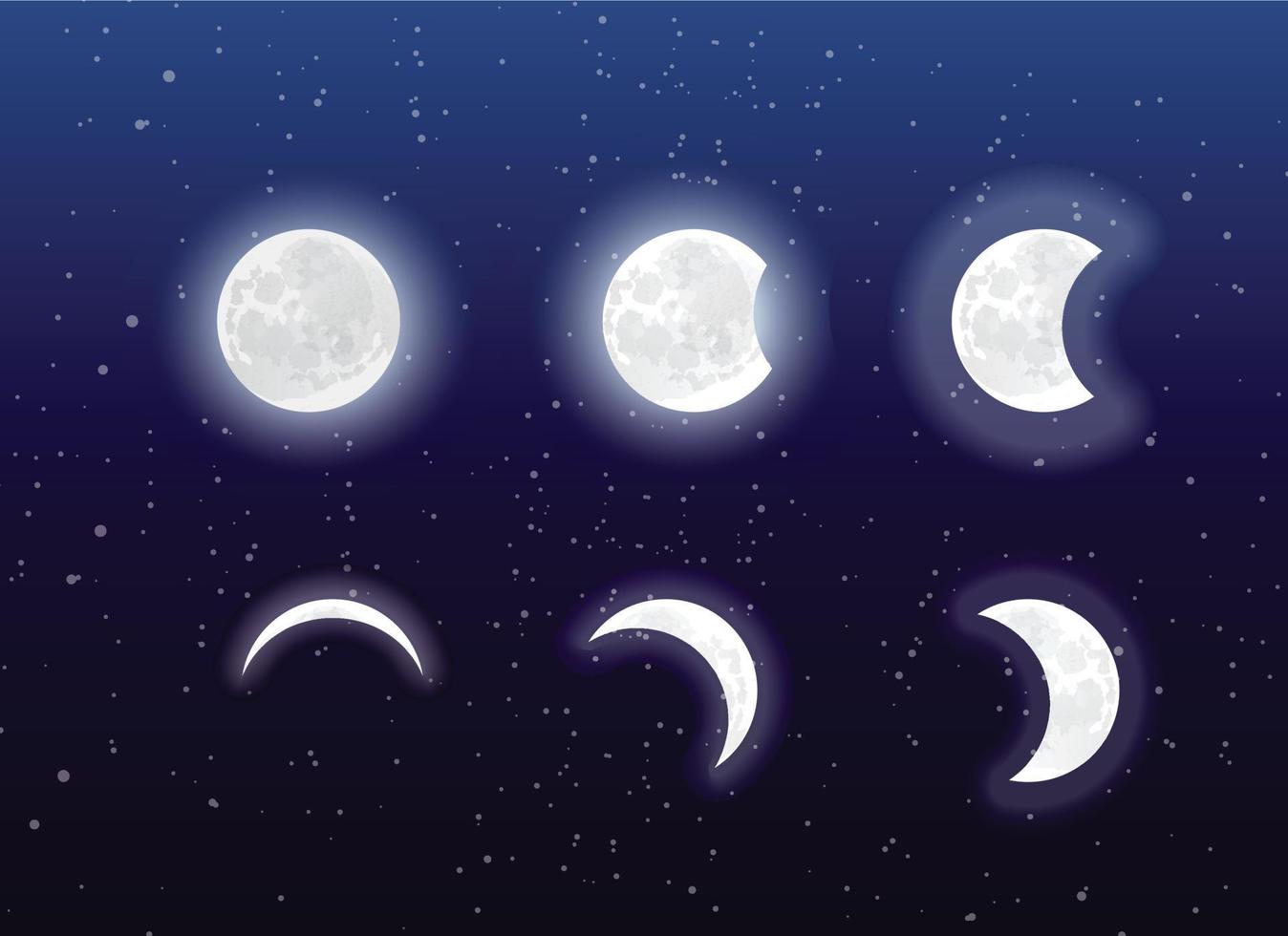 realistischer Mondvektor in verschiedenen Stadien am Nachthimmel vektor