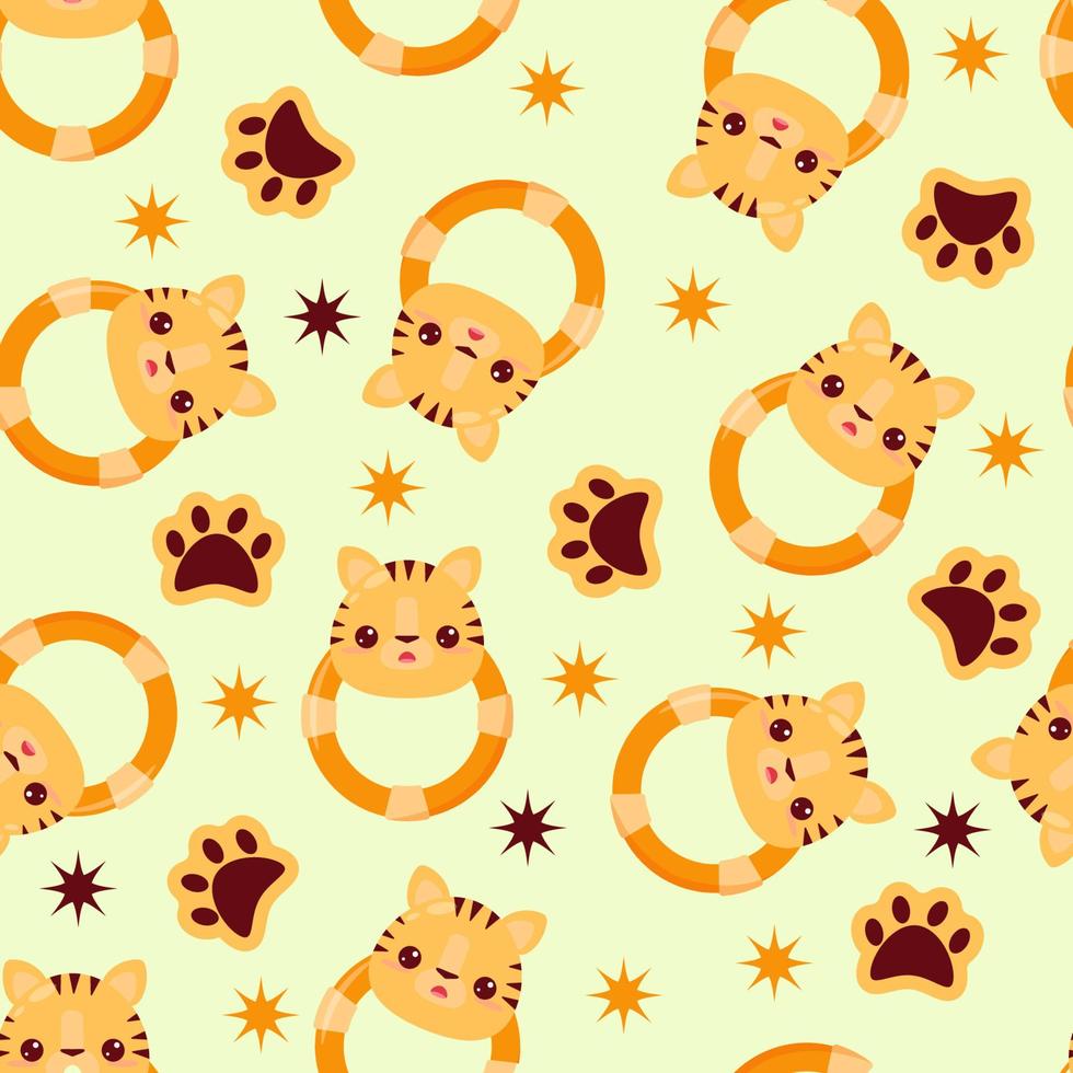 sömlös mönster med djur på en gul bakgrund. en mönster med en bebis skallra i de form av en tiger. söt djur vektor