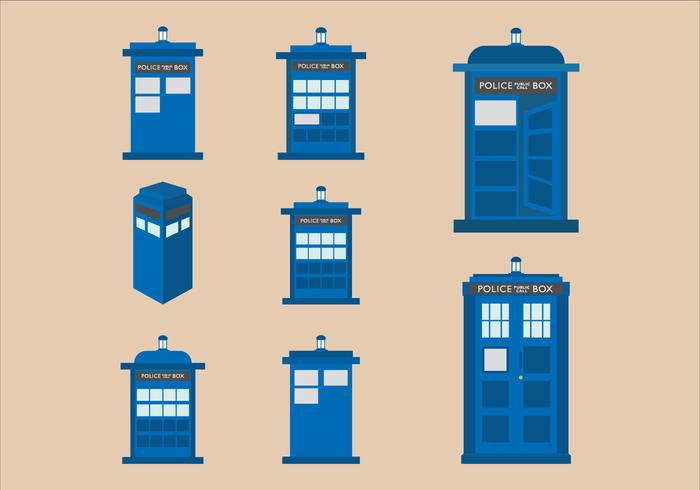 Vektor platt design illustration av Tardis blå polis telefonlåda