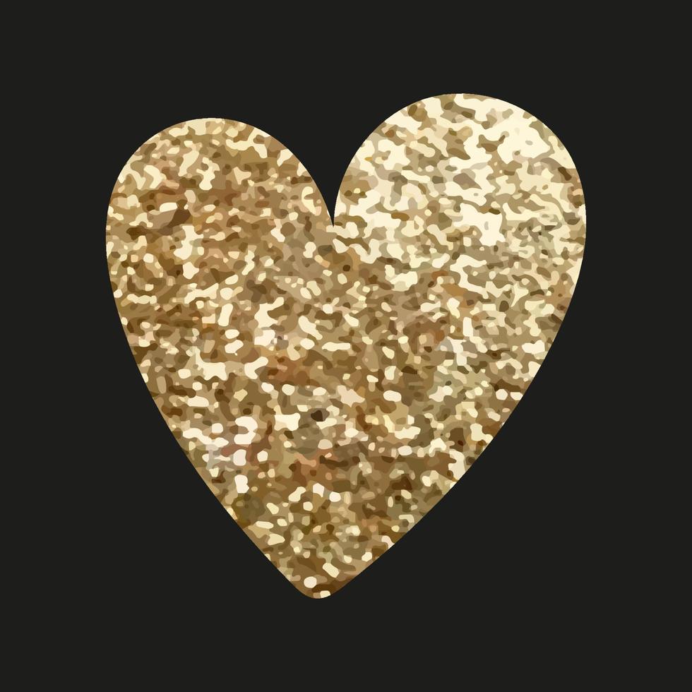 illustration av gyllene glitter hjärta isolerat på svart bakgrund. enkel hand dragen ikon för inbjudningar, hälsning kort, vykort. klistermärke klotter objekt vektor