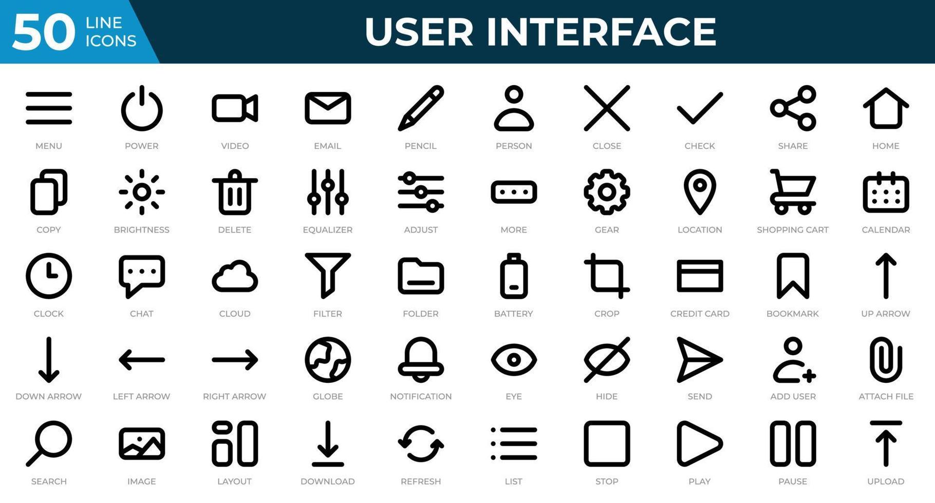 uppsättning av 50 användare gränssnitt ikoner i linje stil. meny, kalender, klocka. översikt ikoner samling. vektor illustration