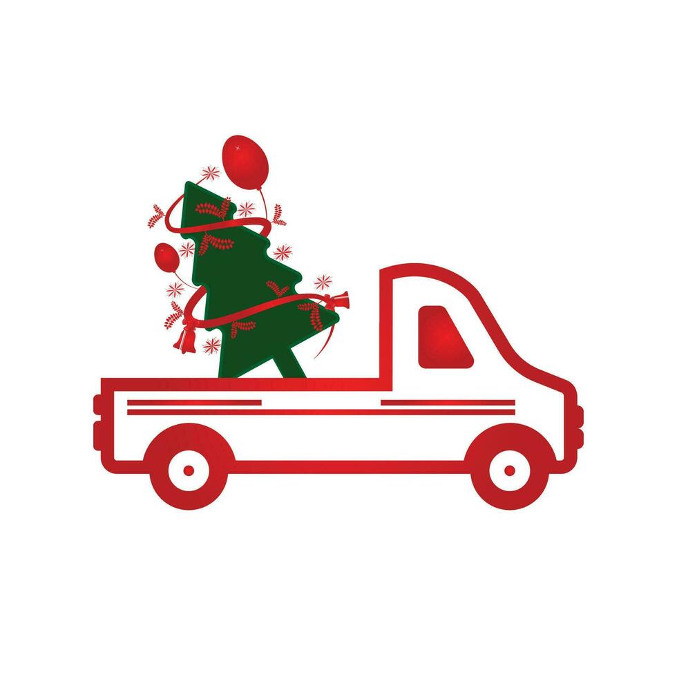 alter roter weihnachtslastwagen mit kiefer. vektorillustration eines alten vintagen lastwagens, der einen weihnachtsbaum trägt. vektor