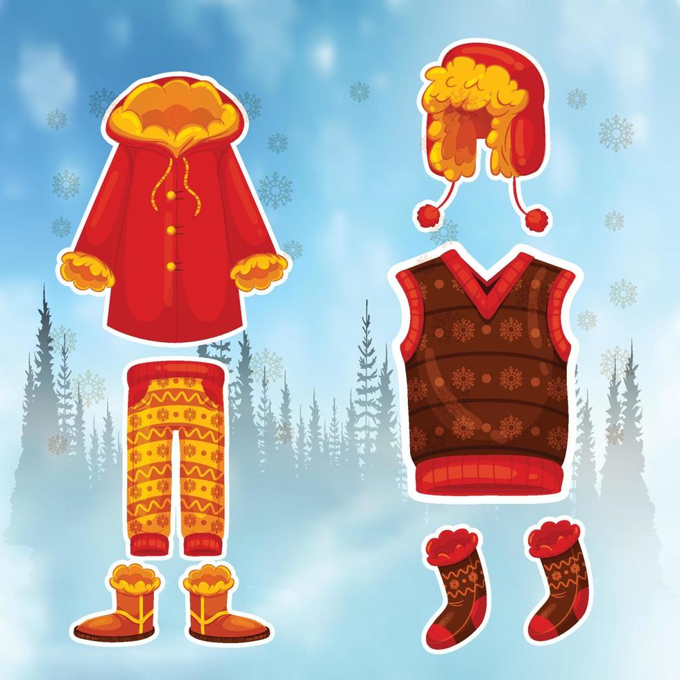 Set aus roter Wintermütze, Fäustlingen, Schal und Pullover vektor