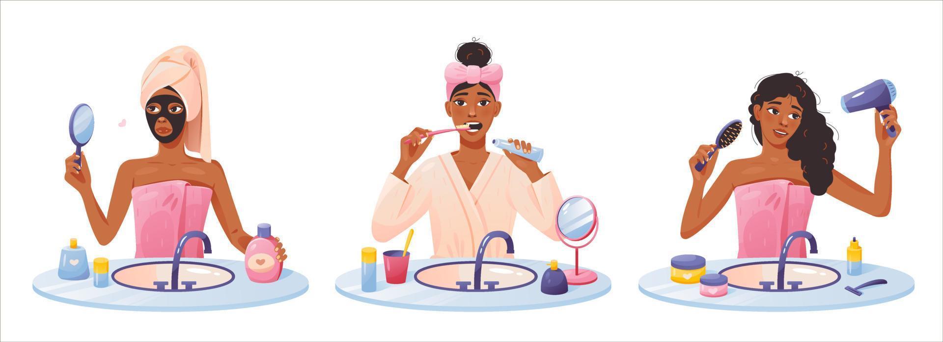 en uppsättning av afrikansk kvinna håller på med morgon- hygien i de badrum. själv vård på Hem. ung afrikansk flicka under dagligen hygien. tecknad serie vektor illustration.