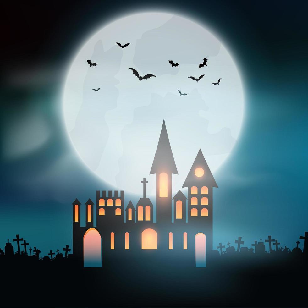 halloween bakgrund med slott på kyrkogården vektor