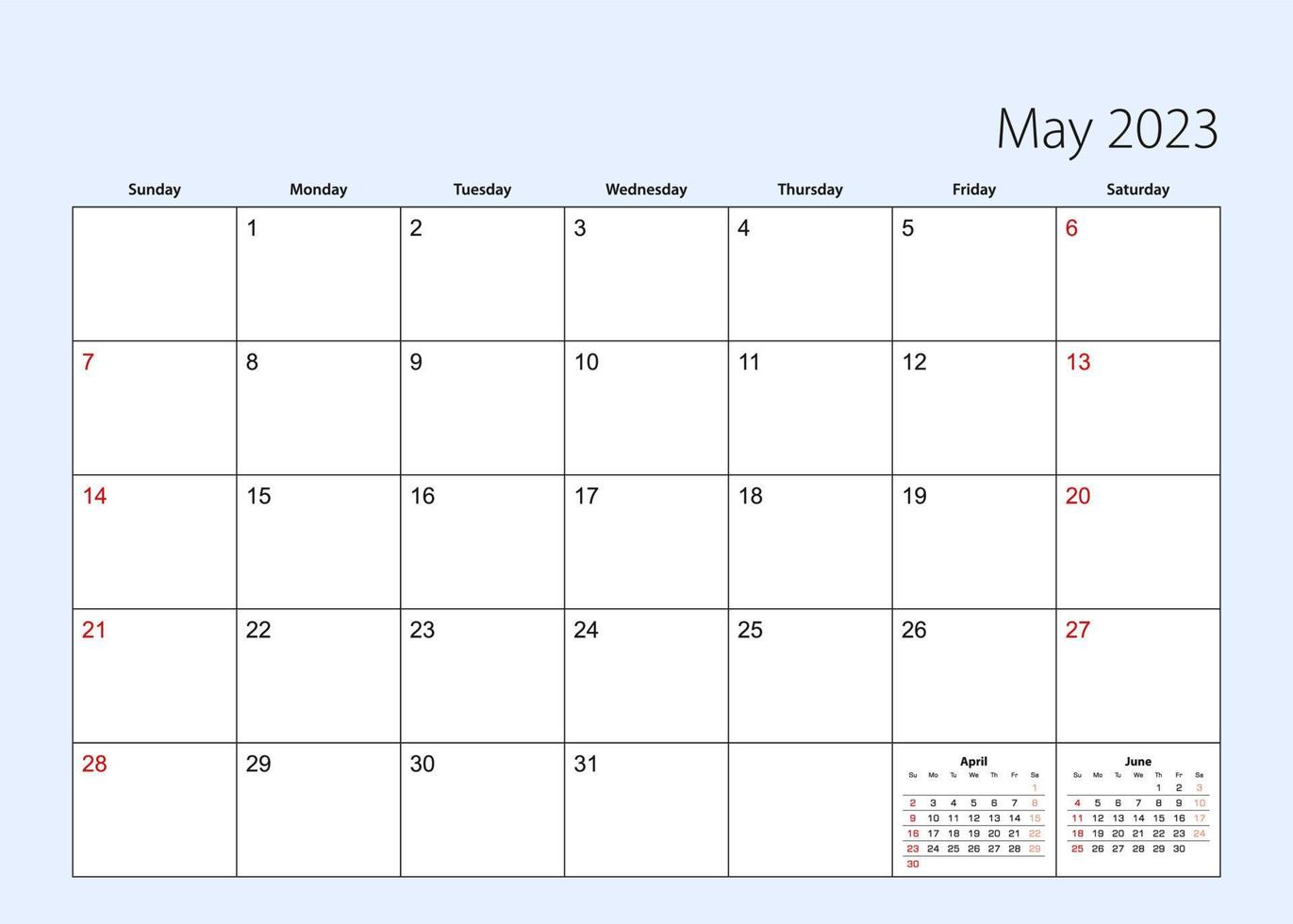 Wandkalenderplaner für Mai 2023. Englische Sprache, Woche beginnt am Sonntag. vektor