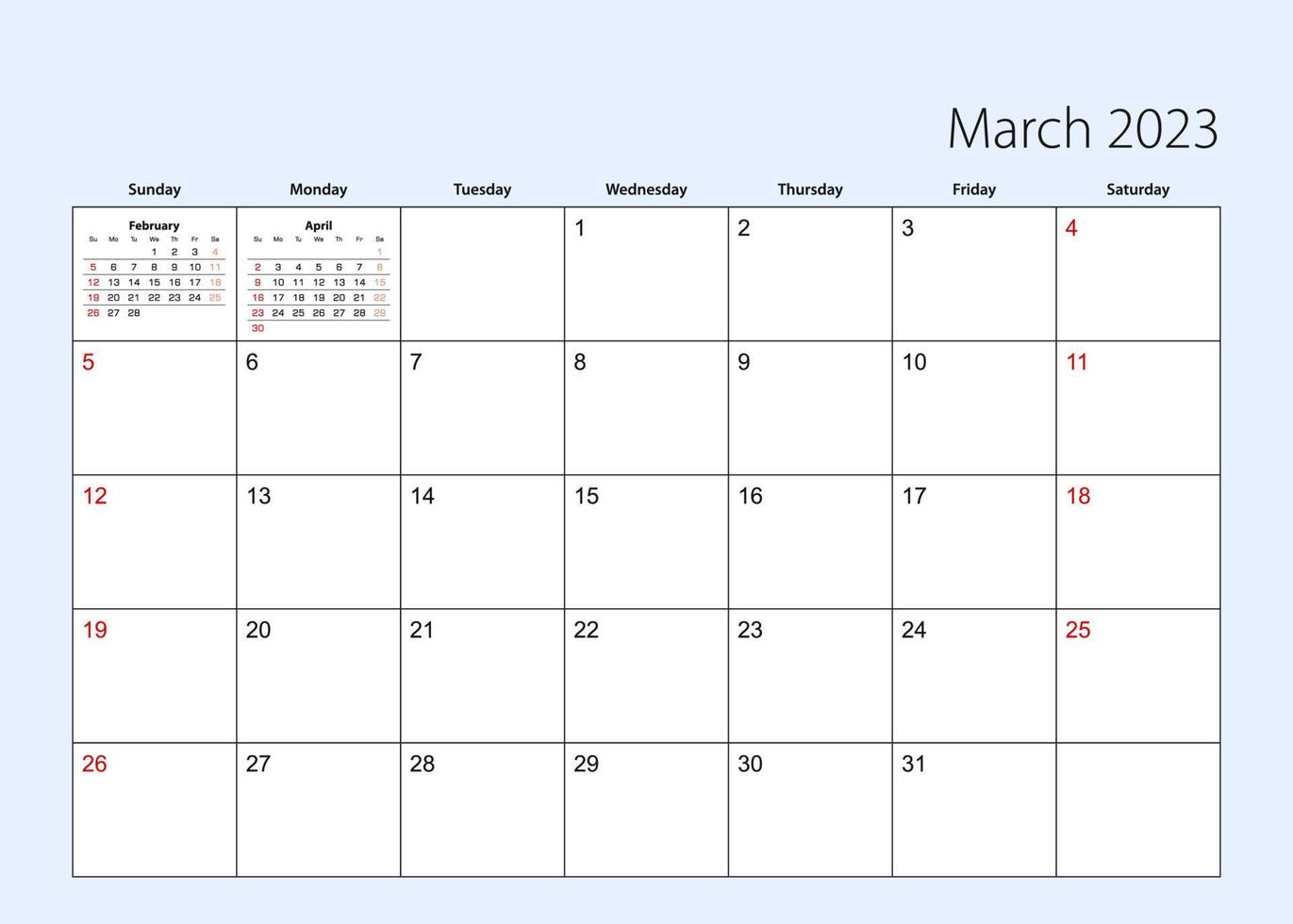 Wandkalenderplaner für März 2023. Englische Sprache, Woche beginnt am Sonntag. vektor