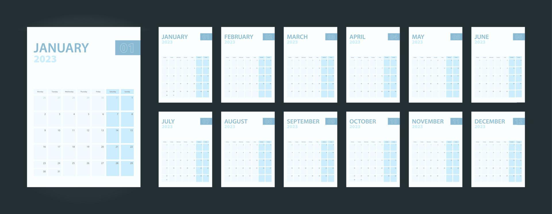 Vertikaler Kalender 2023, Set mit 12 Seiten des Kalenders 2023. vektor