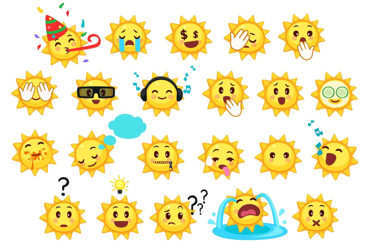 Sammlung verschiedener Emoticons von niedlichen Sonnenkarikaturen vektor