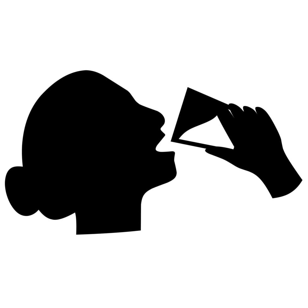 silhuett ikon av kvinna dricka en glas av vatten. begrepp av dricka vatten huvud i glas med händer. törstig man isolerat på en vit bakgrund. bra för mineral vatten logotyp ikoner. vektor