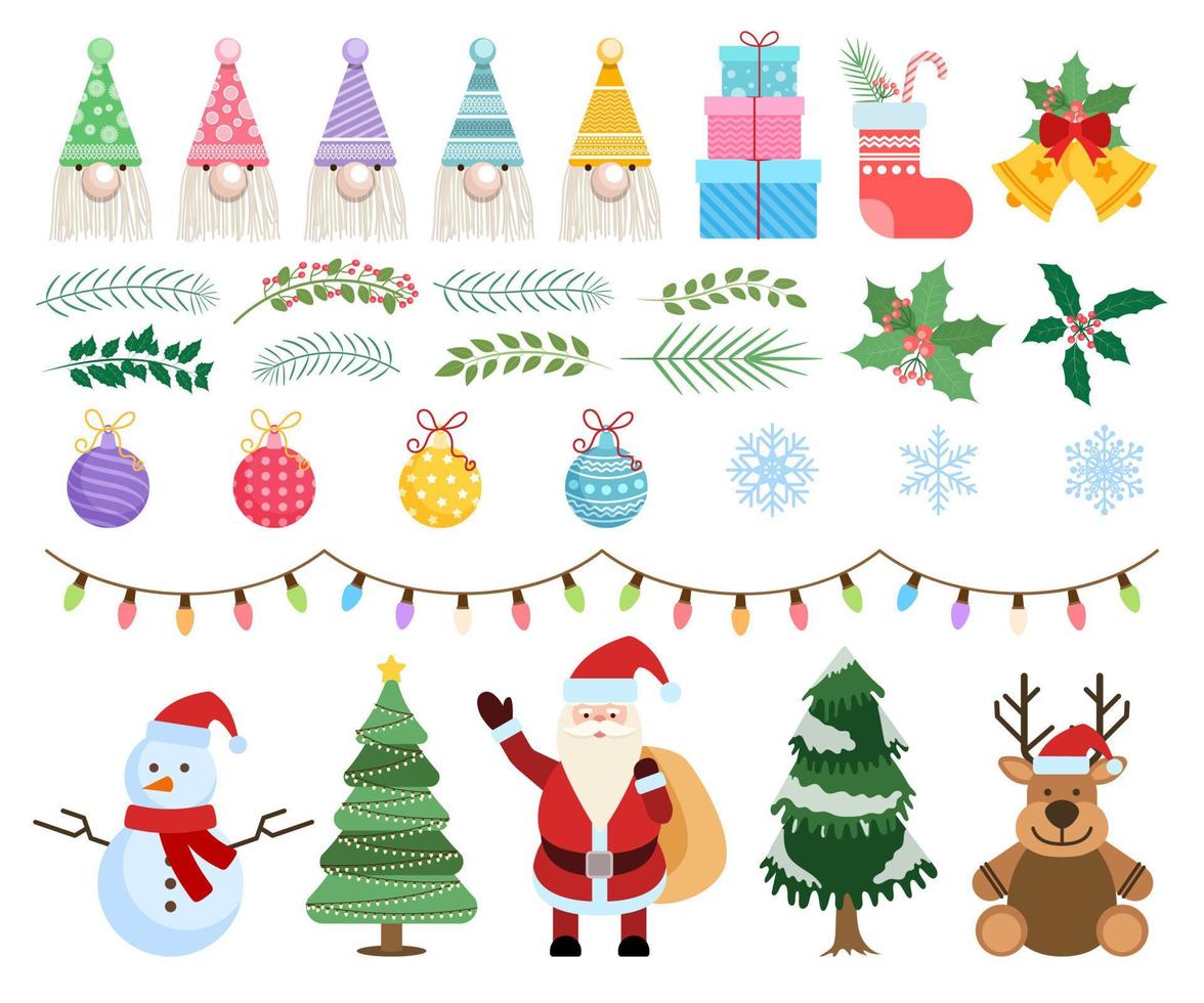 satz von weihnachts- und neujahrselementen mit weihnachtsmann, schneemann, hirsch, fur-tree und anderen vektor