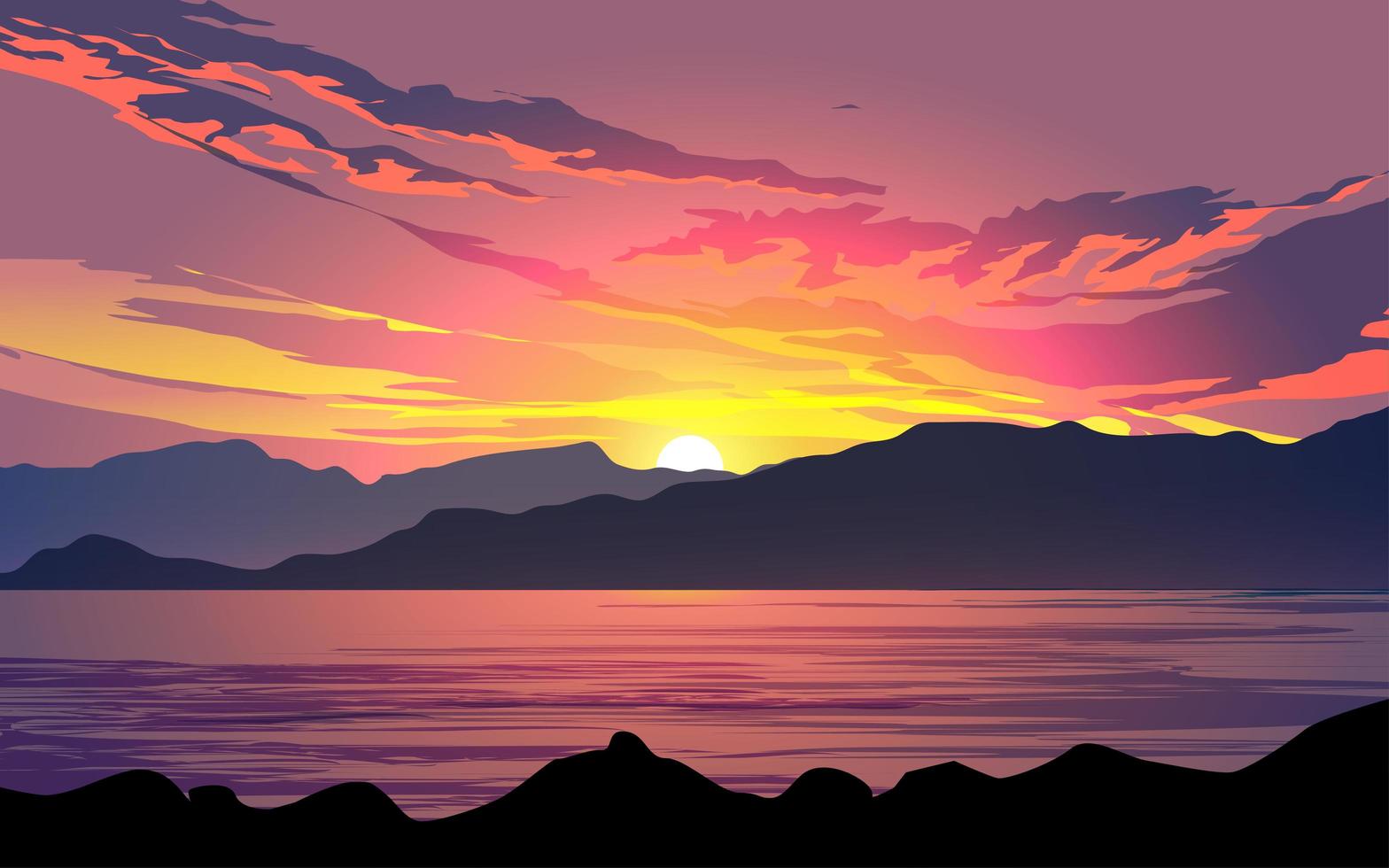 dramatischer Sonnenuntergang über See vektor