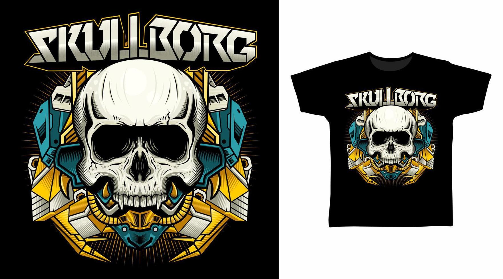 mekanisk skalle med guld och blå rustning vektor illustration t-shirt design begrepp.