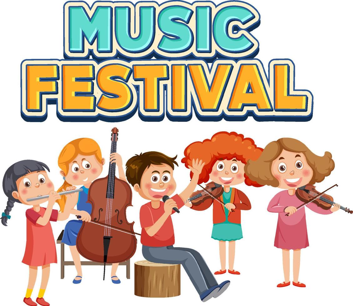 musikfestivaltext mit kindern, die musikinstrument spielen vektor