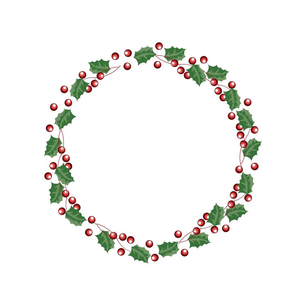 Flora und runder Zweigkranz aus grünen Blättern und wilden roten Beeren in der Weihnachtszeitfarbe, flaches Vektorbild. vektor