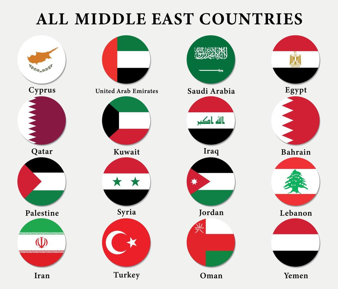 Satz von Symbolflaggen der Länder des Nahen Ostens, alle 16 runden Symbole des Nahen Ostens Flaggensammlung. vektor