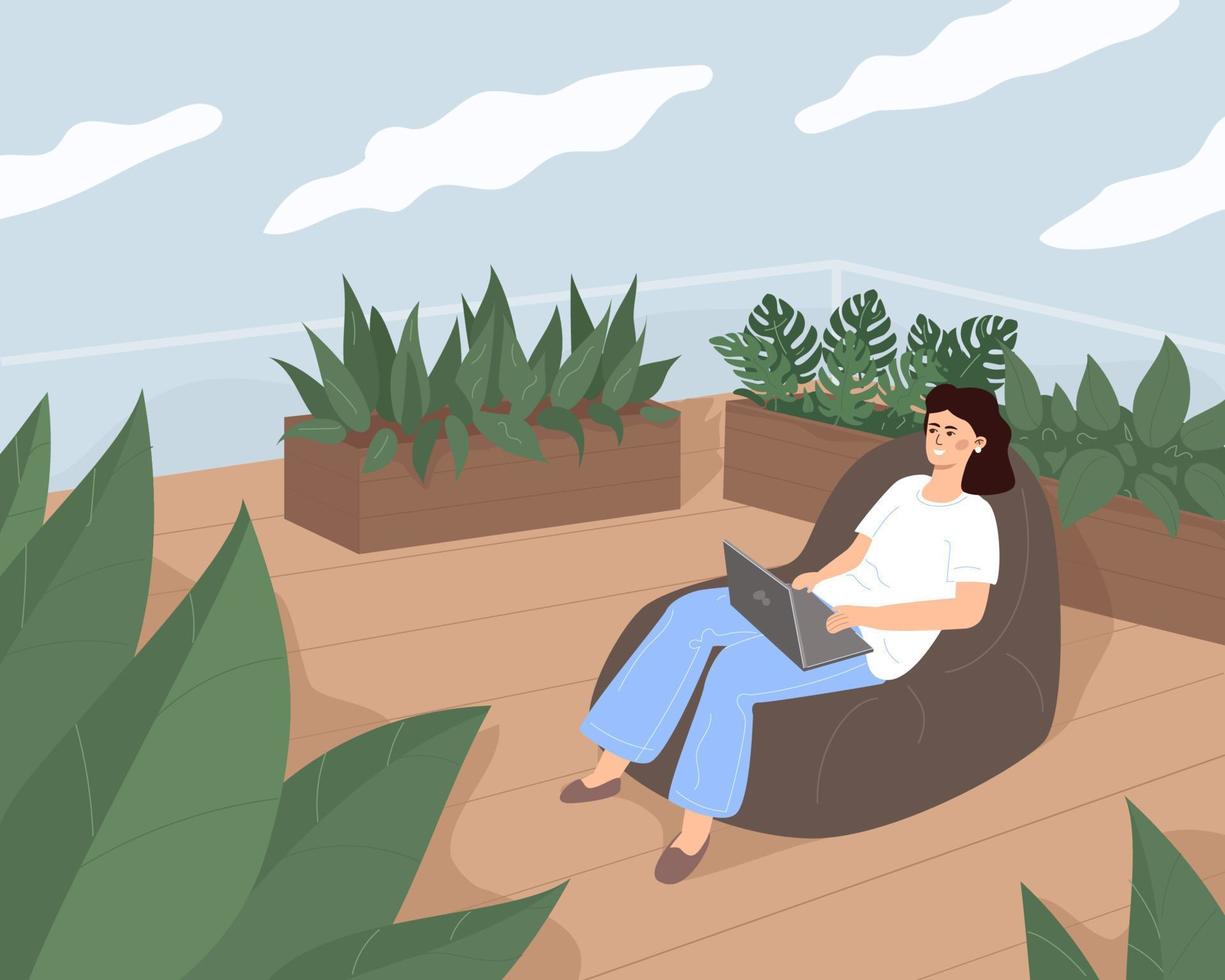 eine junge hübsche frau arbeitet oder entspannt in einer gemütlichen tasche auf der terrasse, umgeben von grün und pflanzen im dachgarten. vektor