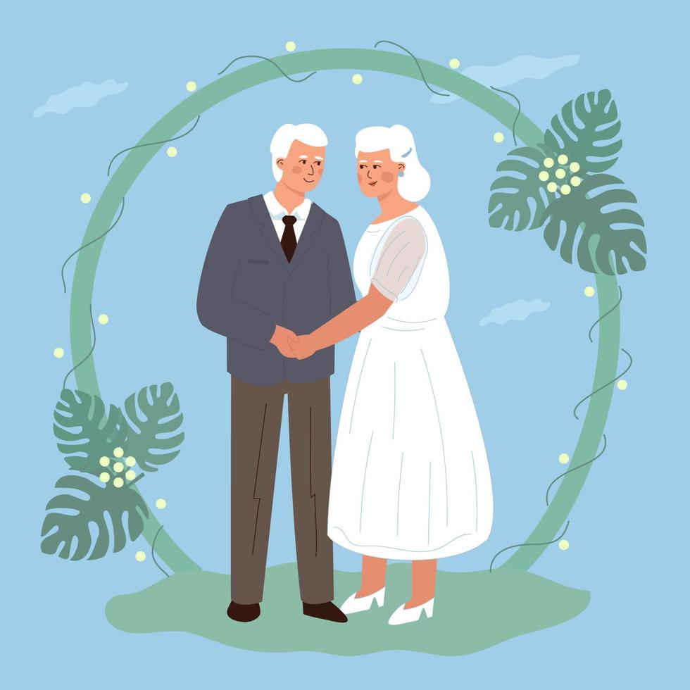 de bröllop av ett söt äldre par. äldre brud och brudgum innehav händer. trendig platt vektor illustration.