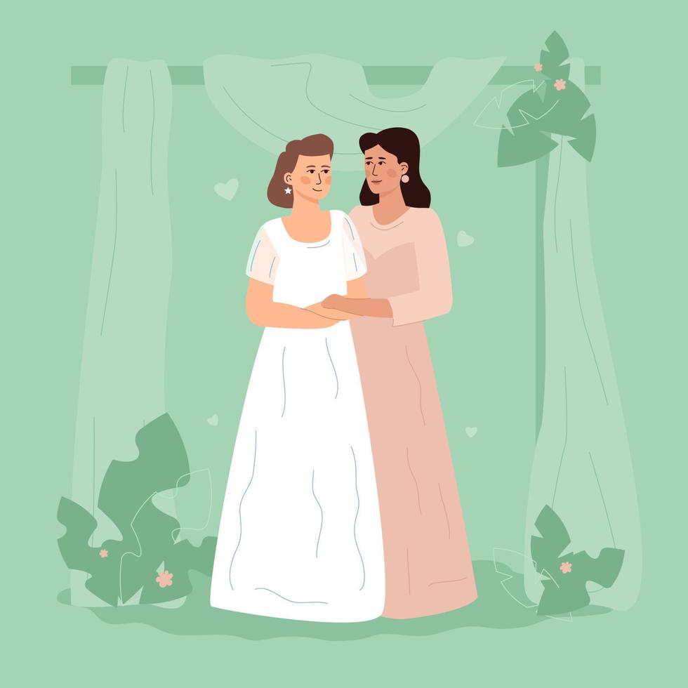 två kvinnor i vit klänningar är stående omfamnande. HBTQ bröllop. två lesbisk fruar. vektor