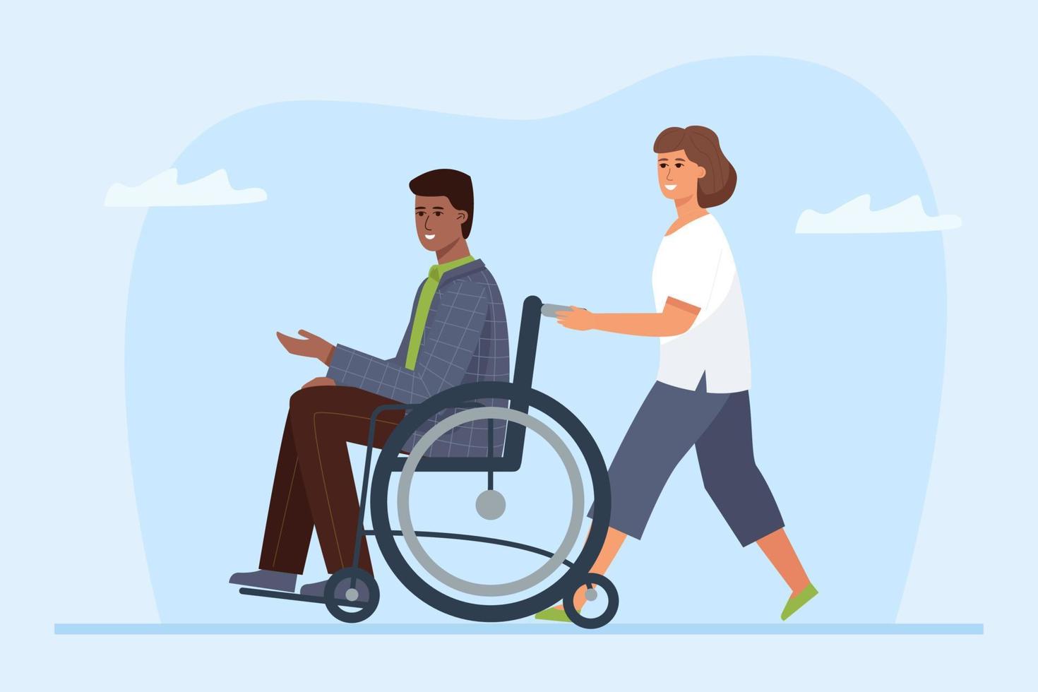 behinderte Person im Rollstuhl und Freiwilliger. Freundschaft und Unterstützung zwischen einem Gelähmten und seiner Assistentin. vektor