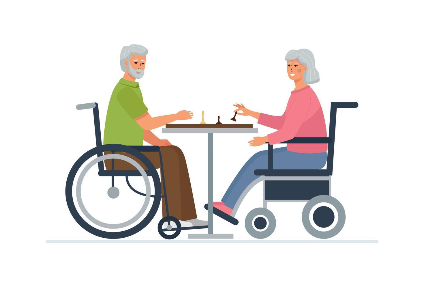 ett äldre man och en kvinna i rullstolar spela schack. tidsfördriv för de Inaktiverad. vektor