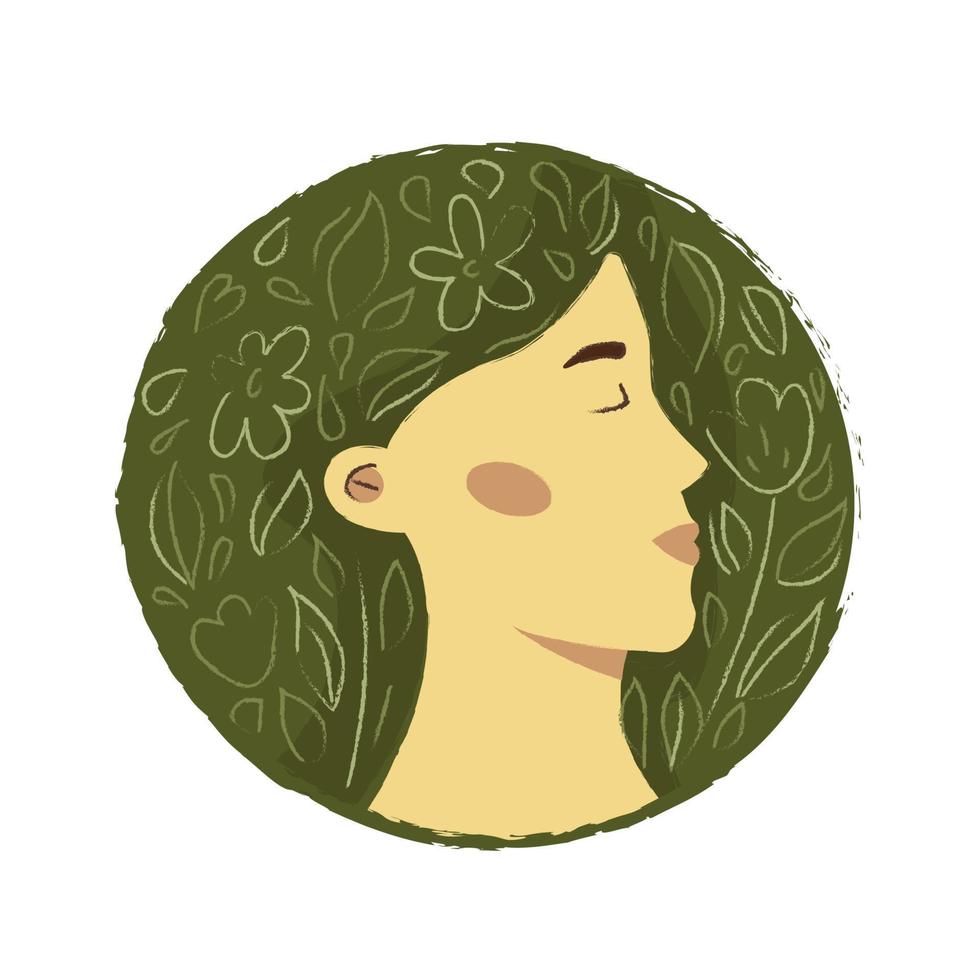das Konzept des Flow-Zustands, Achtsamkeit. Eine Frau meditiert, verbessert die psychische Gesundheit. weibliches Profil im Grünen als Konzept der Einheit mit der Natur. vektor