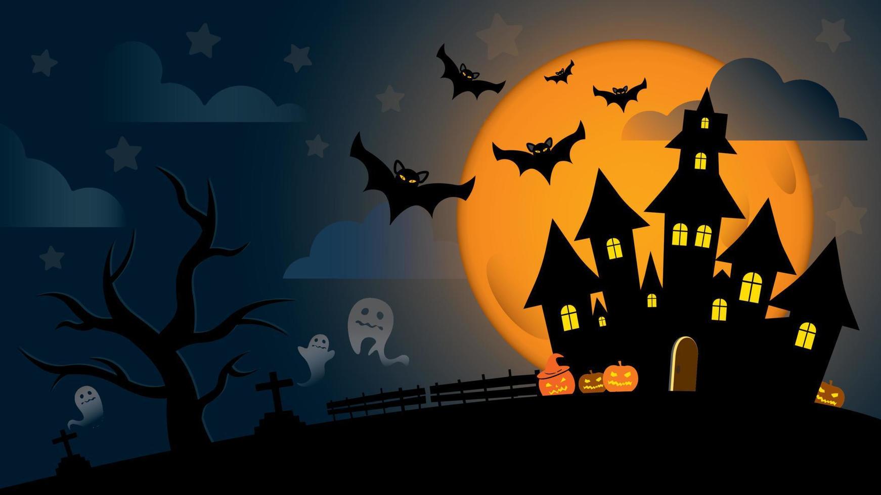 Halloween-Hintergrund mit Spukhaus, Fledermäusen, Vollmond, Geist, Kürbissen und Baum. vektor