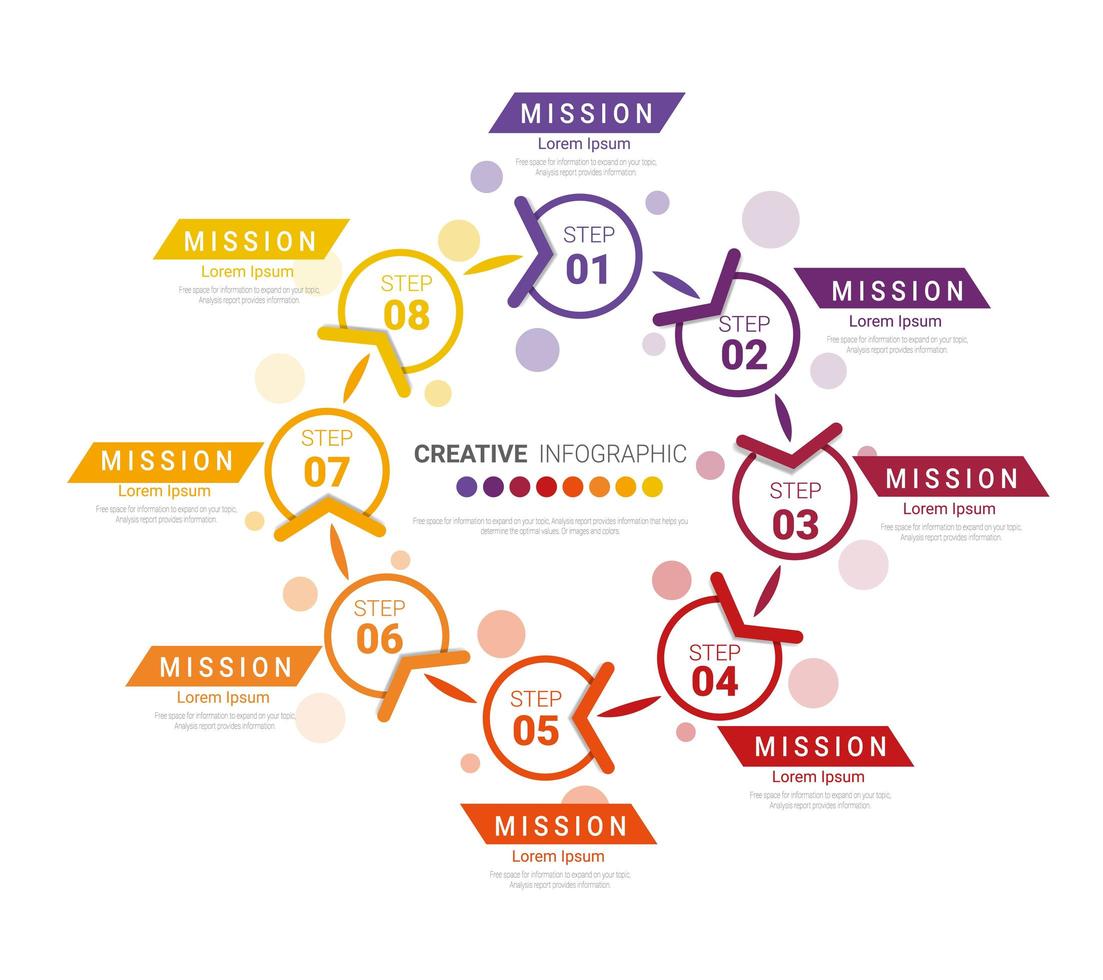 bunte 8-Stufen-Infografik mit kreisförmigem Farbverlauf vektor