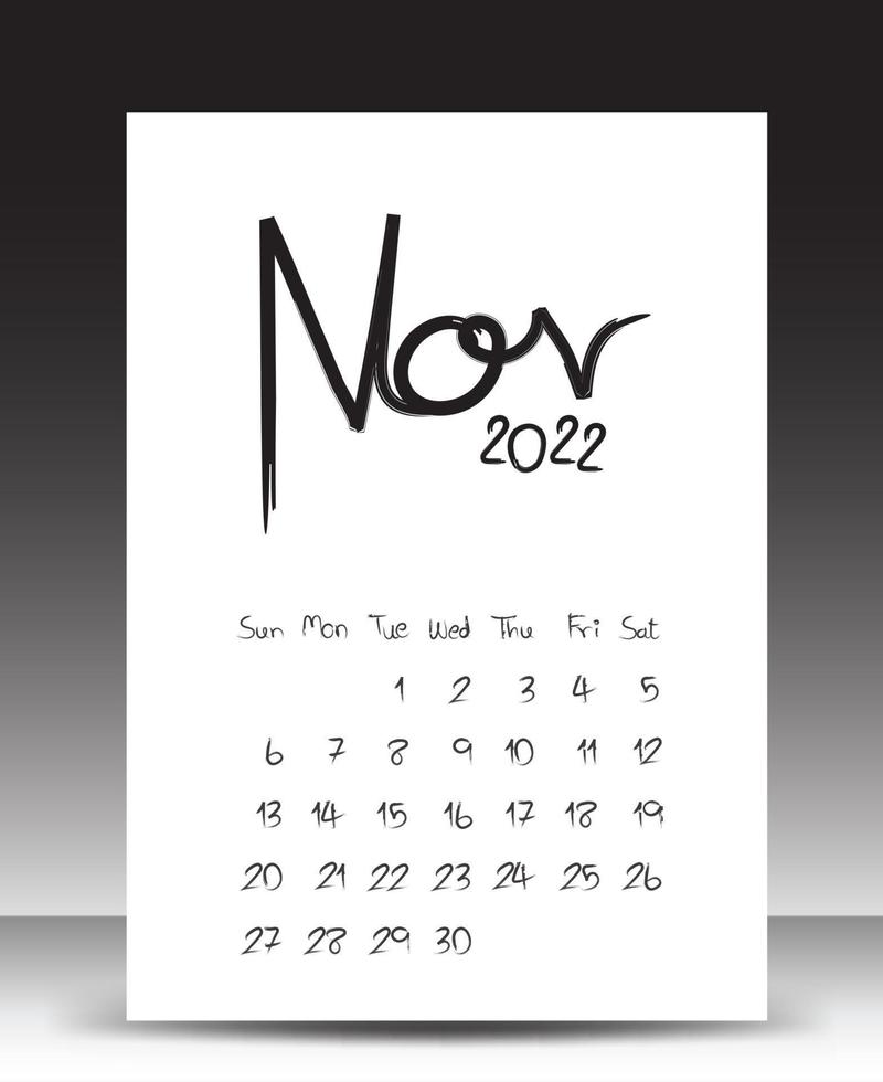 Kalender 2022 Jahr, Schriftzug Kalender, November 2022 Vorlage, Tischkalender 2022 Vorlage, Woche beginnt Sonntag, Briefpapierdesign, Druckmedien, Publikationsdesign, Vektor