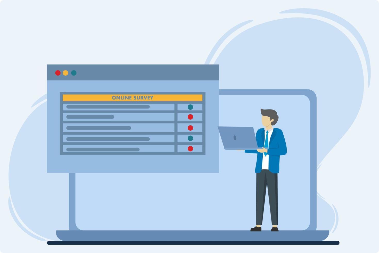 Online-Umfrage- und Umfragevektor-Illustrationskonzept, Mann, der Online-Umfrageergebnisse mit Laptop überwacht, um Listenpapiernotizen zu machen, verwendbar für, Zielseite, Vorlage, ui, Web, Homepage, Poster, Banne vektor