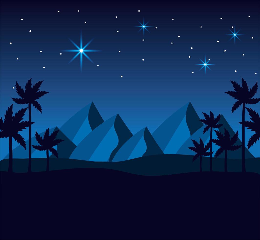 ökenberg och palmer på natten vektor