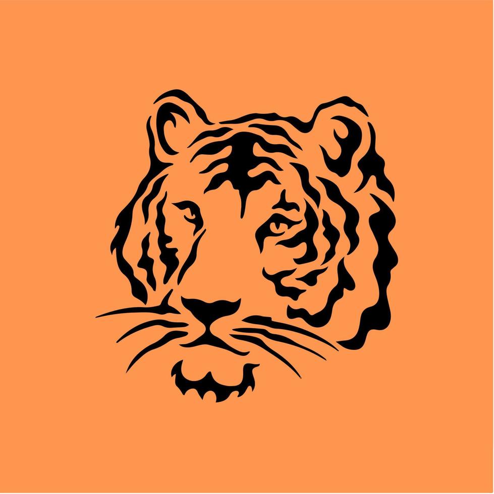 schwarzes Tigerkopf-Symbollogo auf orangefarbenem Hintergrund. Stammes-Tätowierungsdesign des wilden Tieres. flache vektorillustration der schablone vektor