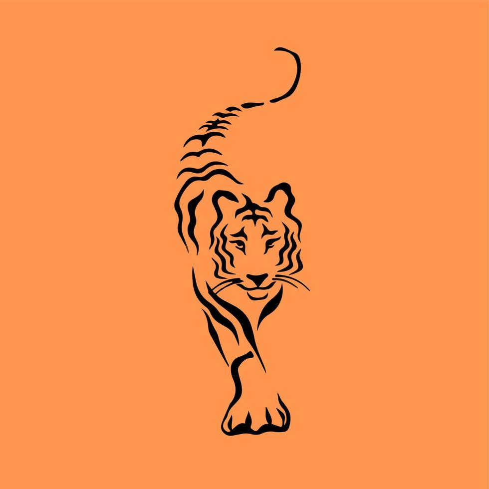 schwarzes Tiger-Symbol-Logo auf orangefarbenem Hintergrund. Stammes-Tätowierungsdesign des wilden Tieres. flache vektorillustration der schablone vektor