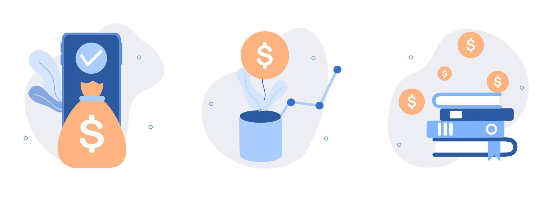 finansiera tillväxt illustration uppsättning. analyserar investeringar, finansiell Framgång och pengar tillväxt. finansiera förvaltning, investera pengar, sparande tillgång, pengar ökande begrepp. platt webb vektor illustration.