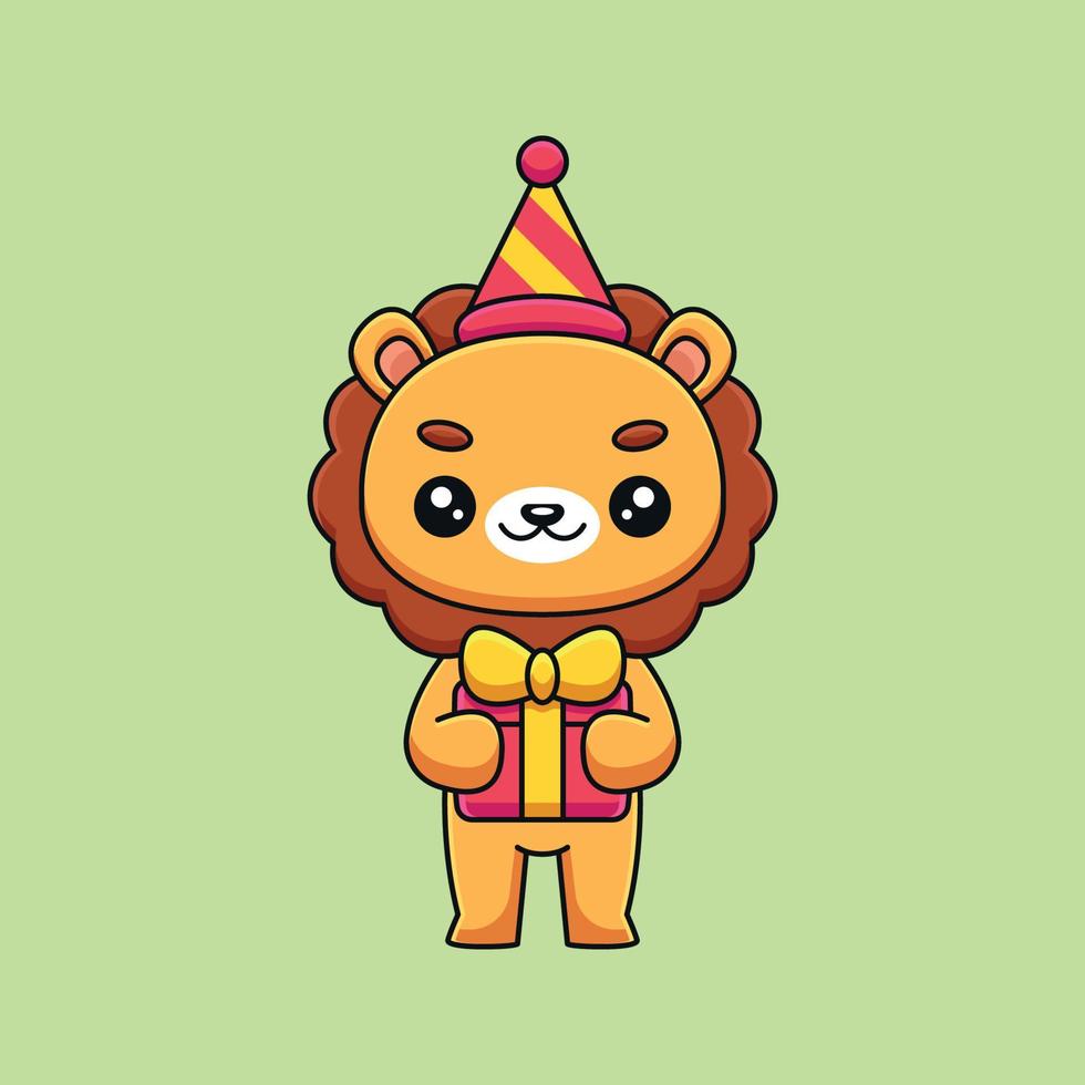 süße geburtstag löwe cartoon maskottchen gekritzel kunst hand gezeichnet konzept vektor kawaii symbol illustration