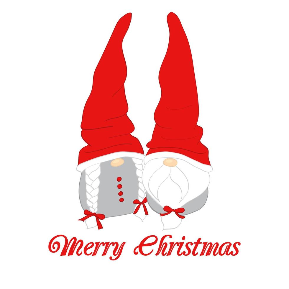 jul kort med scandinavian nisser par. Lycklig söt liten nisser i röd hattar, glad jul text. vektor illustration isolerat på vit bakgrund