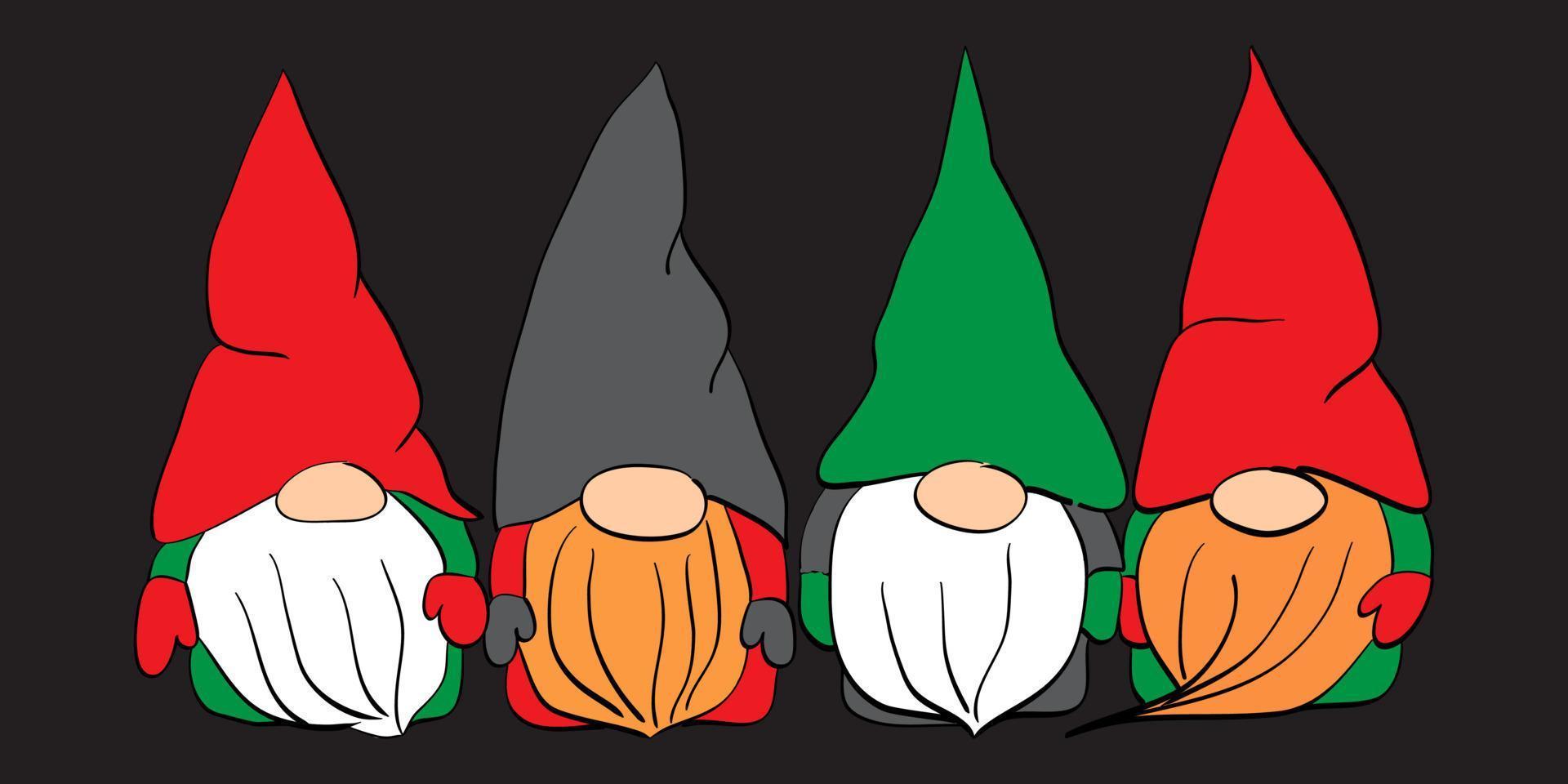 jul gnome vektor. söt scandinavian nisser i santa hattar i tecknad serie stil. hälsning jul kort med scandinavian Semester tecken isolerat på mörk bakgrund vektor