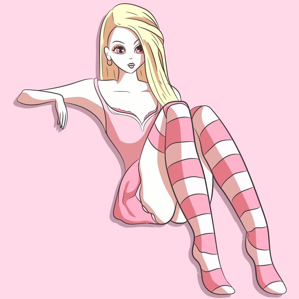 kawaii Mädchen, das ein pastellrosa Kleid und gestreifte Socken trägt vektor