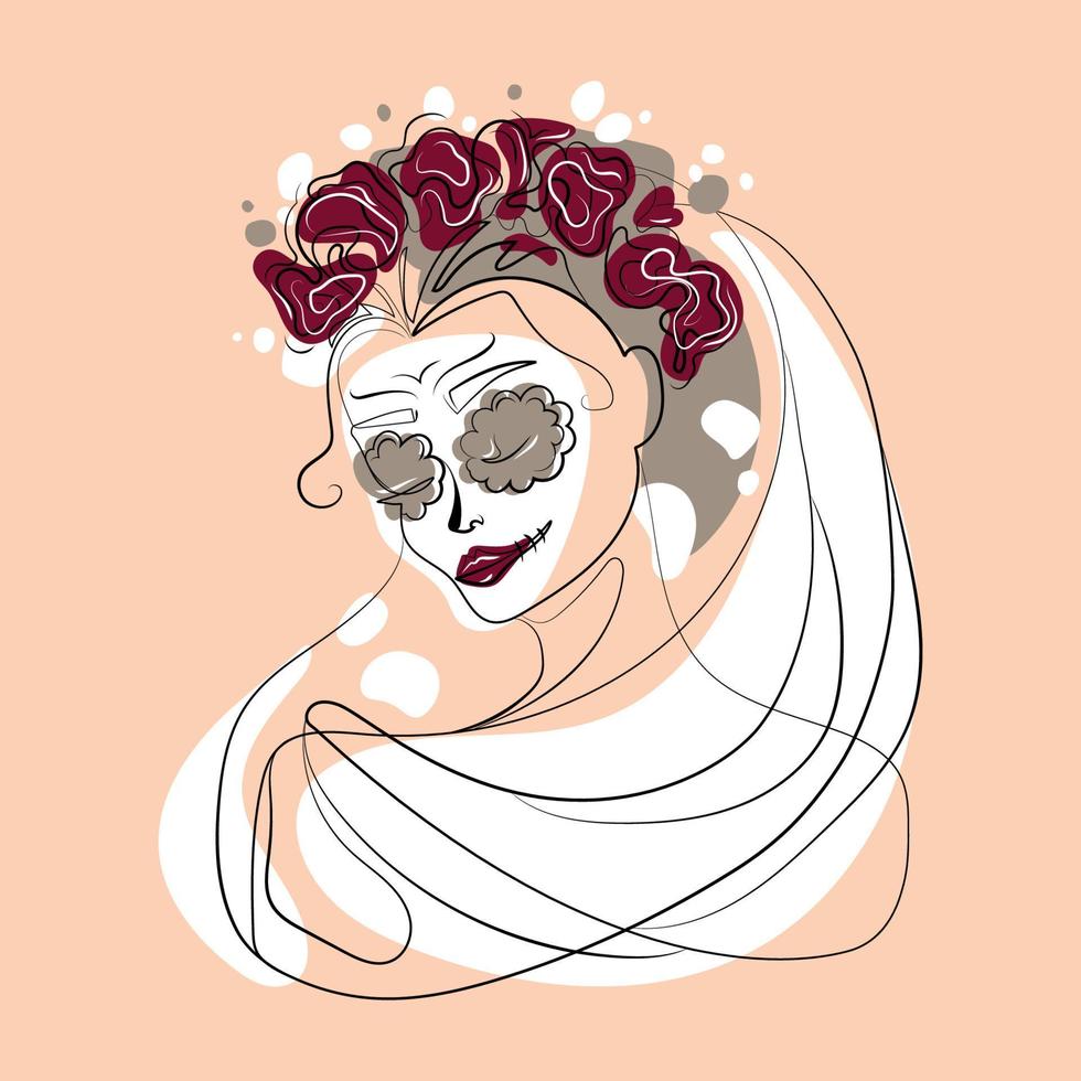 frauengesicht im blumenkranz und zuckerschädelmake-upvektor minimale kunstillustration.abstraktes weibliches gotisches porträt.dia de los muertos plakat mit katrinaschädel.gruselige tote braut des mädchens vektor