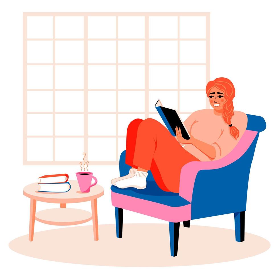 kvinna läsning en bok. vilar i fåtölj på fritid tid. njuter litteratur på mysigt Hem interiör. kaffe tabell. vektor illustration