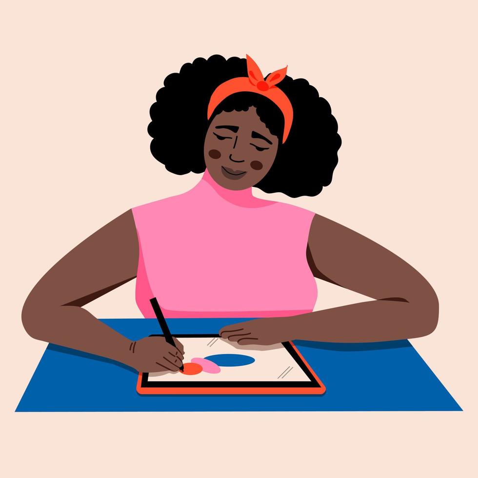 kvinna afro teckning på en digital läsplatta med en nål. Sammanträde på skrivbord. vektor