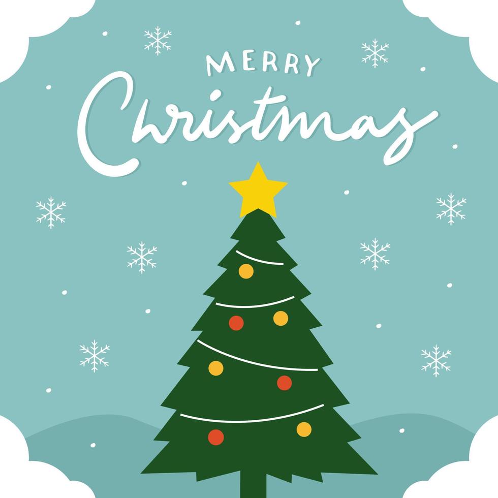 glad jul text bakgrund med snö och tall träd vektor
