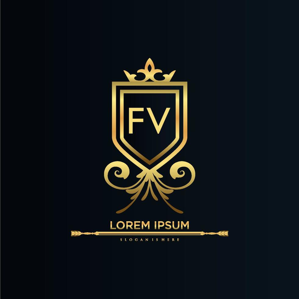 fv brev första med kunglig mall.elegant med krona logotyp vektor, kreativ text logotyp vektor illustration.