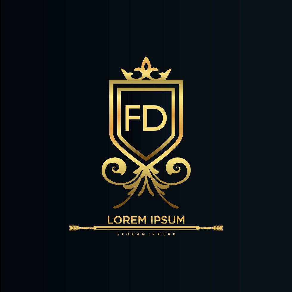 fd brev första med kunglig mall.elegant med krona logotyp vektor, kreativ text logotyp vektor illustration.