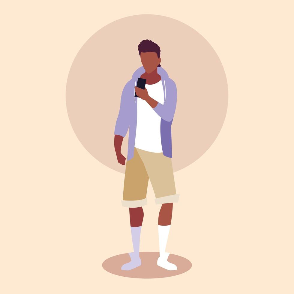 junger Mann Afro mit Smartphone-Gerät vektor