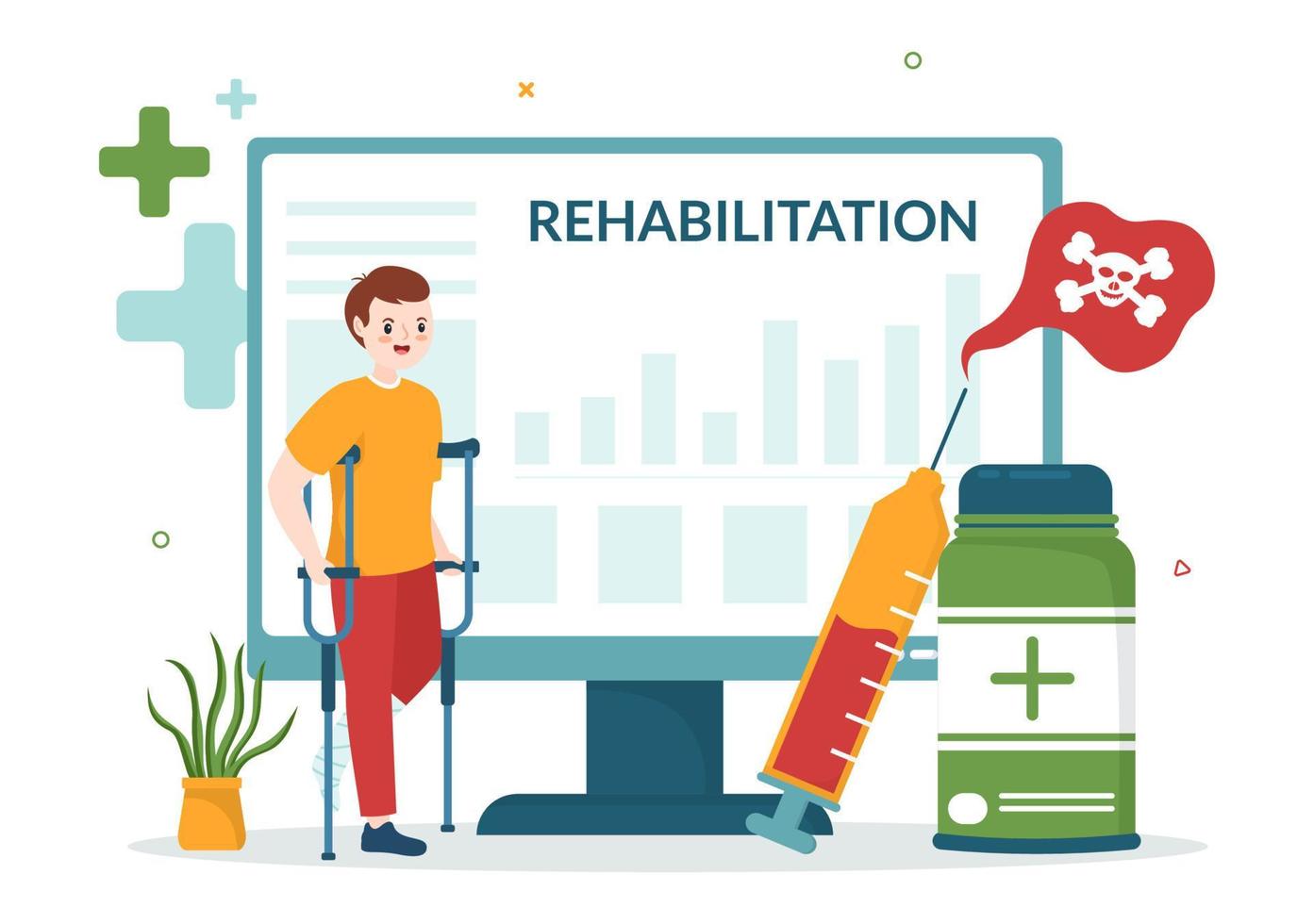 rehabilitering platt tecknad serie hand dragen mallar illustration med läkare portion patient ortopedisk fysioterapi, fysisk aktivitet och sjukvård vektor
